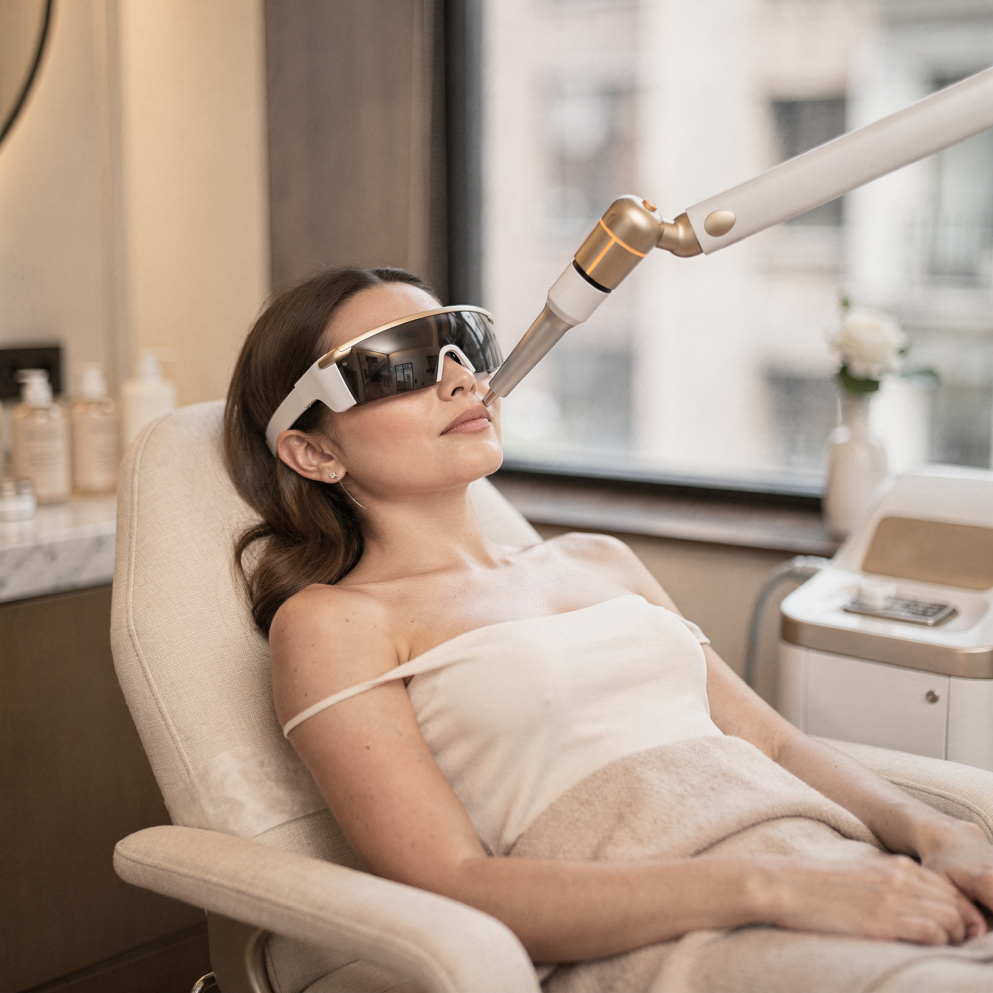 Patient receiving laser skin resurfacing treatment wearing protective eyewear in a clinical setting